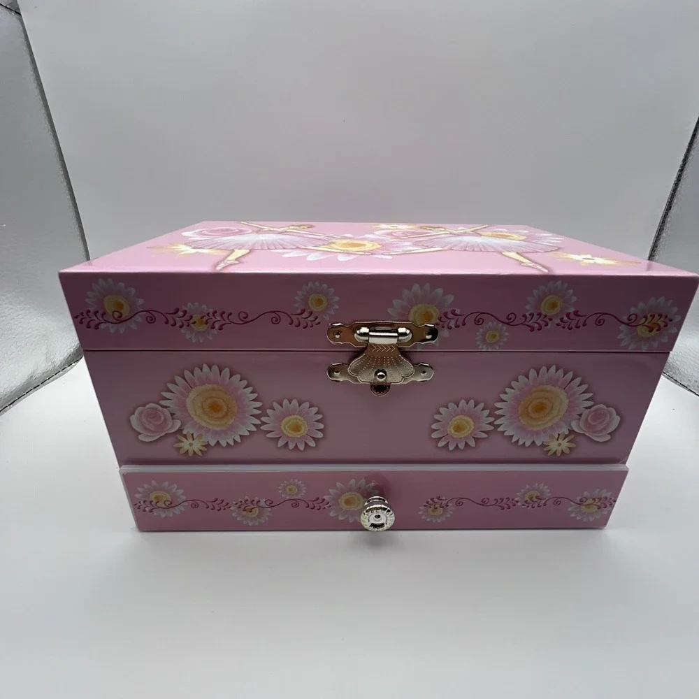 Ballerina Music Jewelry Box Pink Interior Floral Design with Drawer Collectible